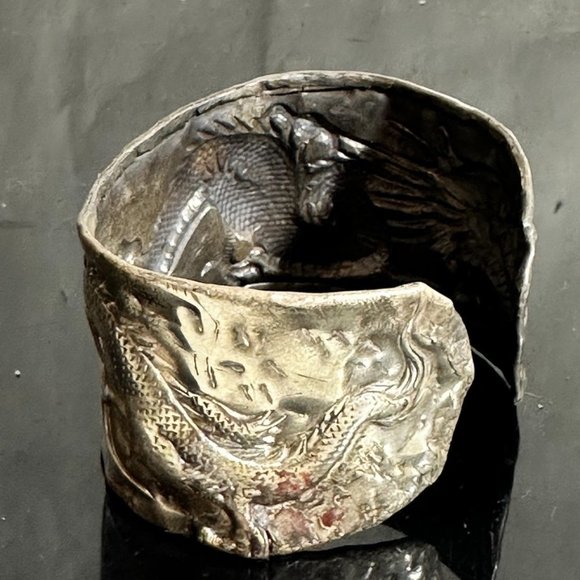Chinese Four Toed Dragon Wang Hing Sterling Silver Cuff Bracelet Rare Antique - Picture 4 of 10